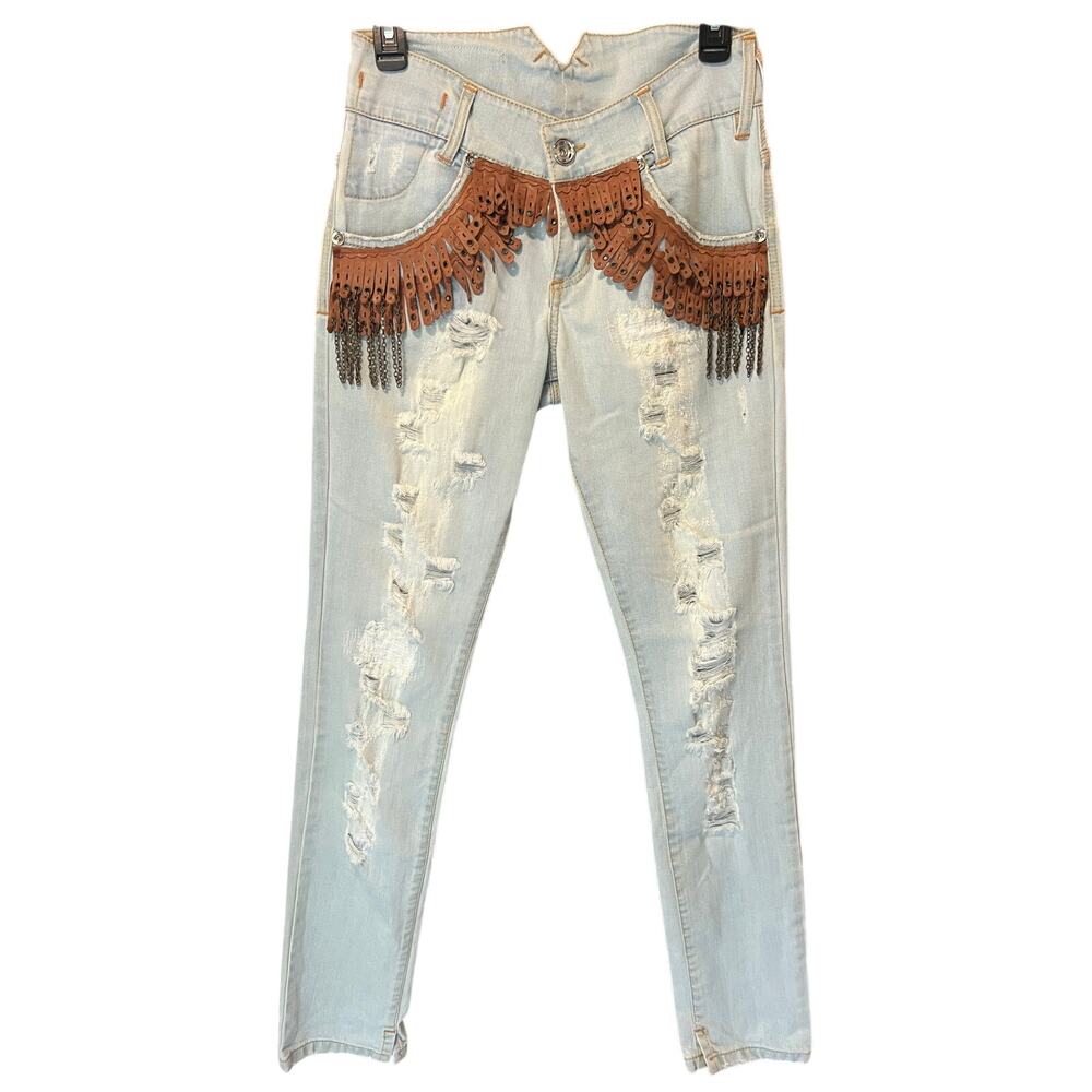 Benedetta Novi Leather Fringe Chains Low Rise Skinny Jean Size 42/US 6 NWT 2000s